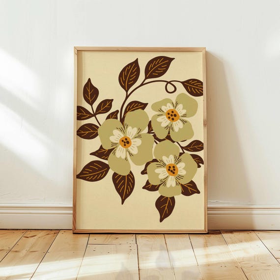 Retro Floral Print:  Boho Botanical Wall Art, Olive & Ochre Flower Poster, Earthy Home Decor