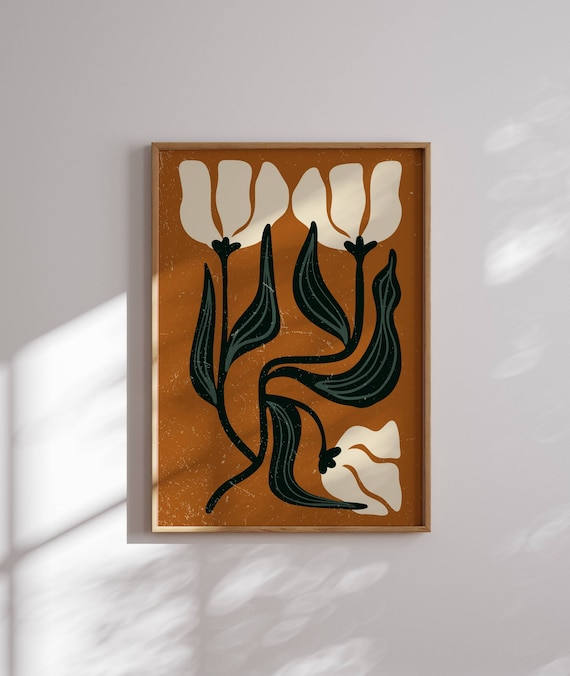Floral print of abstract tulips in retro 70s and mid-century modern style, with earthy tones for bold vintage-inspired wall decor.