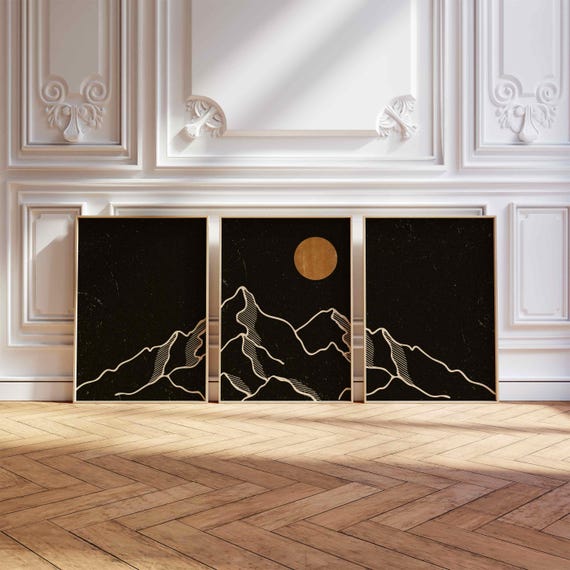 Minimalist Mountain Triptych: Moody Landscape Print Set, Modern Home Decor