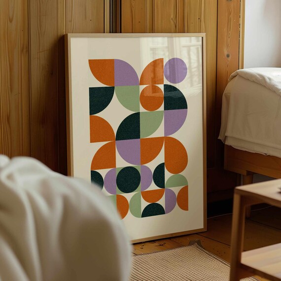 Geometric Wall Art, Mid Century Modern Print with Abstract Shapes, Colorful Bauhaus Poster for Retro Boho or Eclectic Home Decor