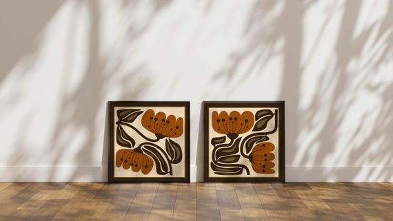 FRAMED Retro Floral Print Set: Terracotta & Olive Botanical Art, Mid-Century Modern Boho Decor
