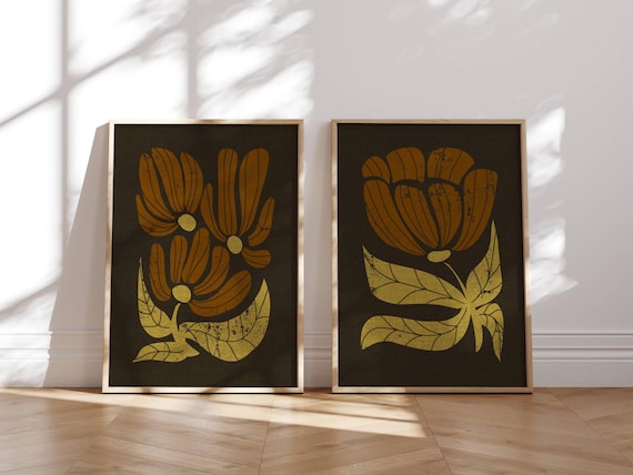 Abstract Retro Floral Wall Art Set Of 2, Matisse-Inspired Botanical Prints in Earth Tones – 70s Groovy Wall Art in Mid Century Modern Style