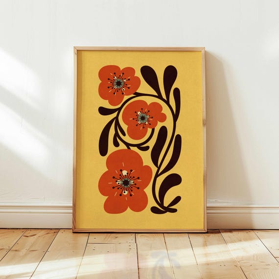 Retro Floral Print: Groovy 70s Abstract Flower Wall Art, Mid Century Modern Boho Decor