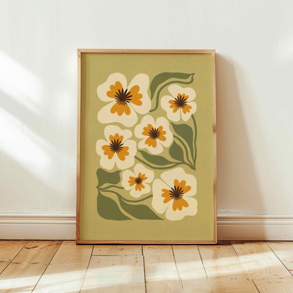 Retro Floral Print — Mustard & Olive Botanical Wall Art, Mid-Century Modern Boho Decor