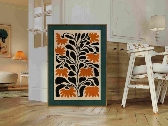Matisse Style Floral Print — Burnt Orange & Teal Botanical Art, Mid Century Modern Boho Decor