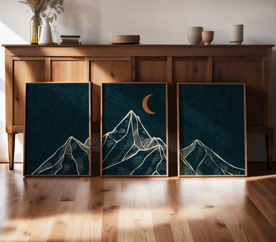 Mountain wall art triptych with Japandi style, abstract nature art & line landscape — perfect for modern home entryways and gallery walls.