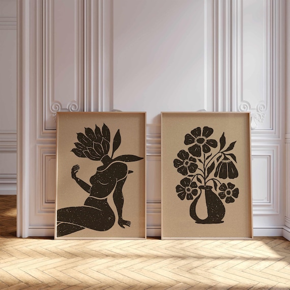 Mid Century Woman and Flowers Print Set: Abstract Gallery Wall Art, Modern Boho Decor