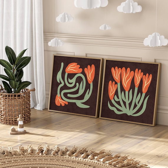 Retro Floral Wall Art Set Of 2, Abstract Matisse-Inspired Botanical Prints – Groovy 70s Style Wall Decor for Cozy, Mid Century & Boho Spaces