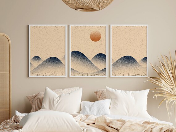 Panoramic Landscape Print Set, 3 Piece Wall Art, Neutral Gallery Wall, Mountain Line Art, Aesthetic Mountain Artwork, Panoramic Wall Art