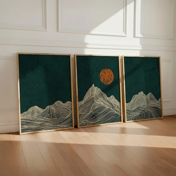 Mountain Line Art Framed Print Set: Emerald Green Landscape Triptych, Minimalist Japandi Decor