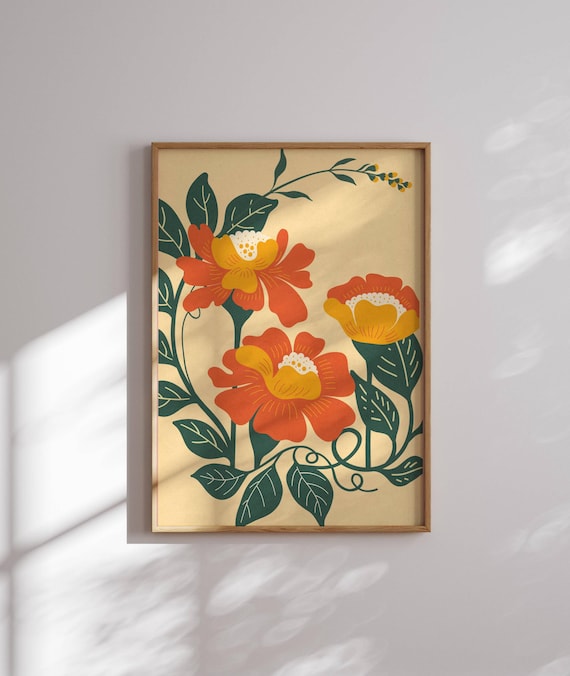 Colorful 70s Inspired Wall Art, Retro Art Print, Floral Wall Art, Mid Century Modern Wall Art, Spring Style Botanical Prints, Mcm Wall Art