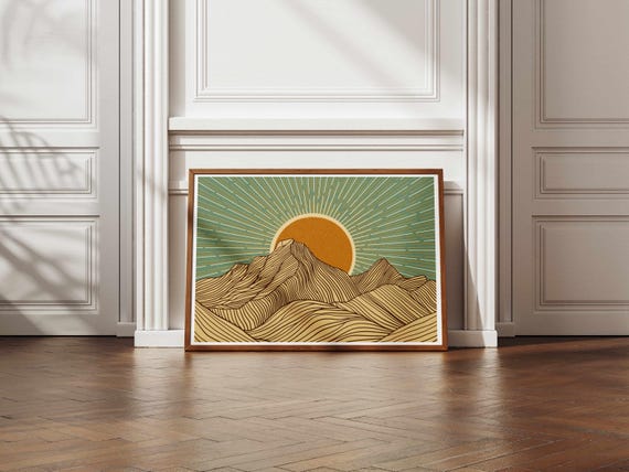 Mountain Wall Art – Retro Sun and Landscape Print in Teal & Mustard, Earth Tone Nature Poster for Boho or Modern Home Decor