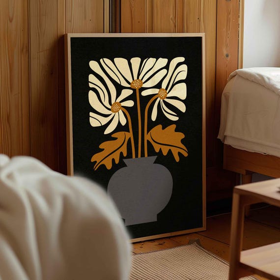 Mid Century Modern Floral Print, Retro Botanical Wall Art, Moody Vintage Decor
