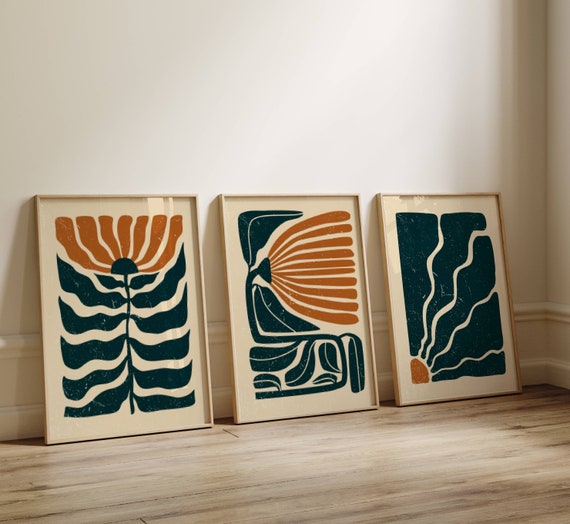Retro Floral Wall Art Set – Abstract Flower Prints in Teal and Burnt Orange, 70s Groovy Boho Decor, Mid Century Modern Botanical Posters