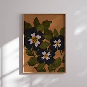 Póster retro con motivos florales oscuros, arte mural de los años 70, impresión artística retro, decoración de pared de los años 60, arte de mediados de siglo, cottagecore oscuro, arte mural floral, arte mural retro