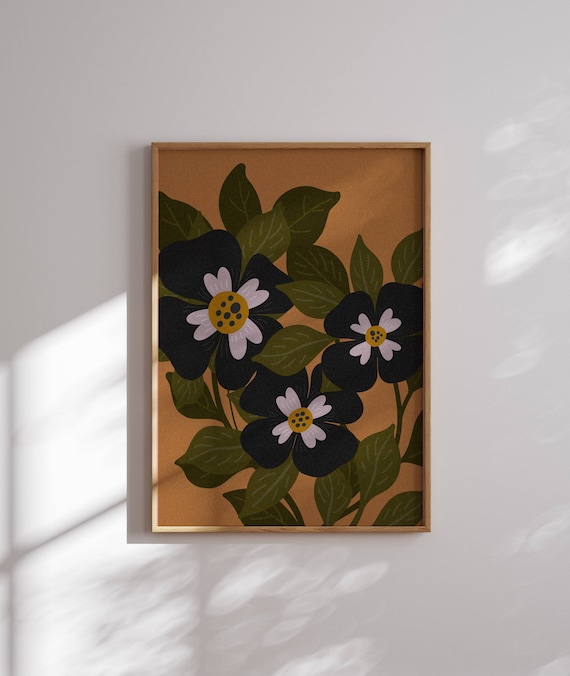 Dark Florals Retro Poster, 70s Wall Art, Retro Art Print, 60s Wall Decor, Mid Century Art, Dark Cottagecore, Floral Wall Art, Retro Wall Art