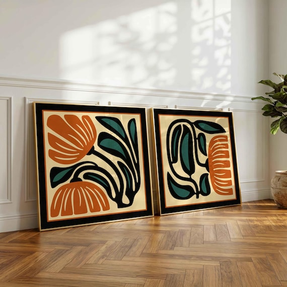 Framed Retro Floral Print Set — Burnt Orange & Teal Botanical Art, Mid-Century Modern Boho Decor