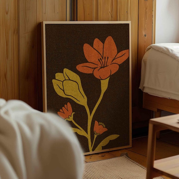 Retro 70s Floral Print: Vintage Botanical Poster, Mid Century Modern Decor, Moody Wall Art