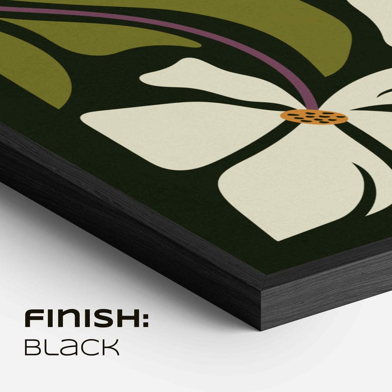 May include: A framed art print with a floral design. It features a large white flower, green leaves, and a purple stem against a dark background. The frame is black, and the text "FINISH: BLACK" is visible at the bottom.