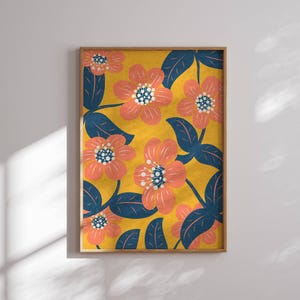 Bella stampa floreale retrò, stampa artistica alla moda, ispirata agli anni '70, arte murale retrò, arte colorata, decorazione murale anni '60, floreale, arte murale, stile primaverile
