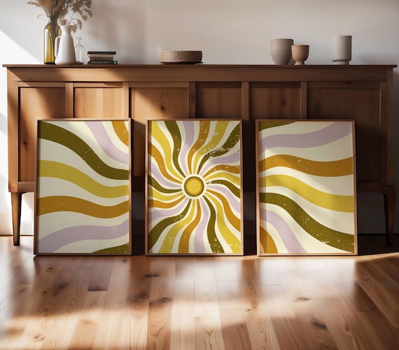70s Sun Wall Art, Set Of 3 Prints, Gallery Wall Set, Sunburst Wall Art, Sunshine Art, Mid Century Modern Art, 70s Inspired Retro Wall Art