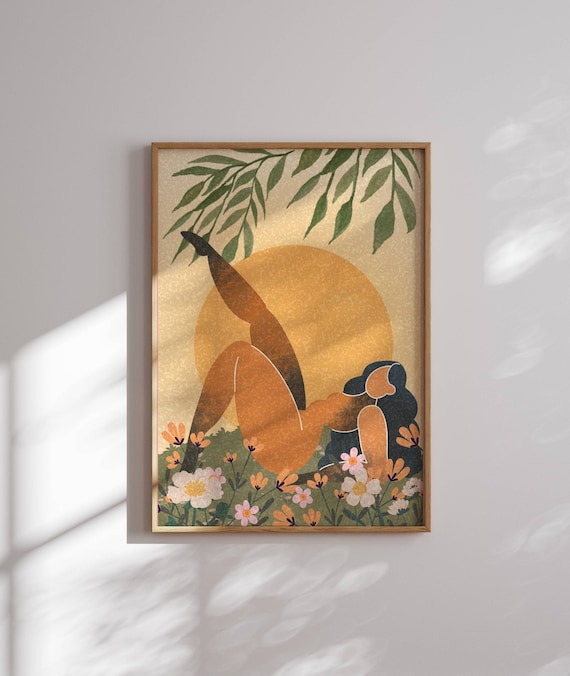 Black Woman Wall Art, Feminine Boho Portrait with Flowers and Sun – Self Love Art Print for Empowering Gifts & Modern Home Decor
