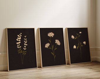 Dark Botanical Prints, Flower Print Set, 3 Piece Wall Art, Gallery Wall Set, Botanical Wall Art, Wildflower Print Set, Retro Wall Art