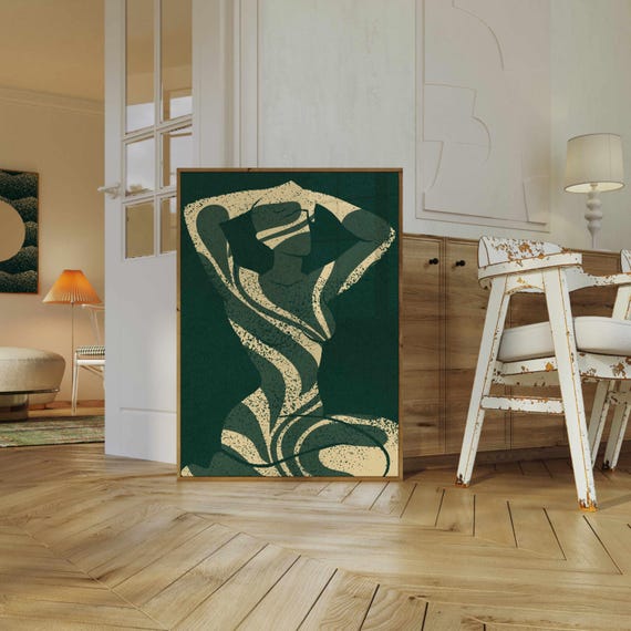 Female Silhouette Art Print — Emerald Green Abstract Wall Art, Mid Century Modern Boho Decor