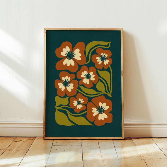 Retro Floral Wall Art – 70s Style Botanical Print in Teal, Olive and Rust, Mid Century Modern Boho Poster for Vintage Home Decor
