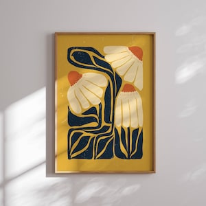 Abstrakter Blumendruck - Gänseblümchen Retro Print in lebhaften Sommerfarben, Botanisches Poster im Matisse Stil, Mid Century Modern Vintage Dekoration