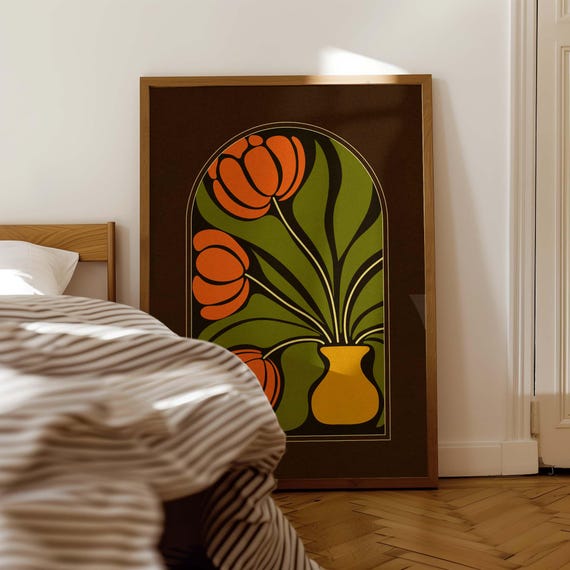 Retro 70s Tulip Print: Mid-Century Modern Floral Wall Art, Boho Flower Poster
