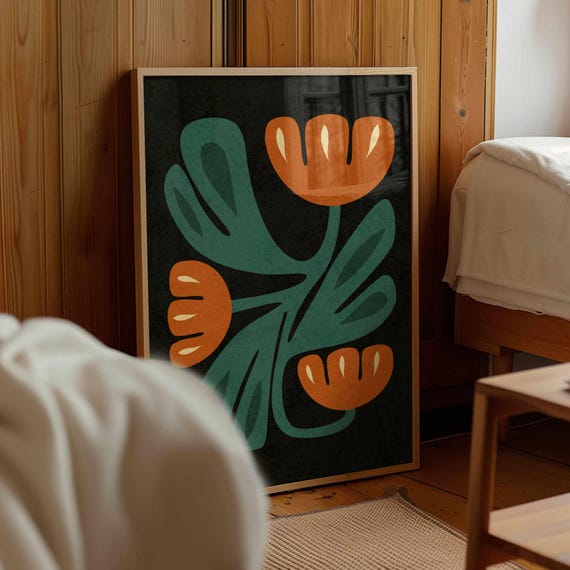 Mid Century Modern Floral Print — Burnt Orange & Teal Botanical Art, Retro Home Decor