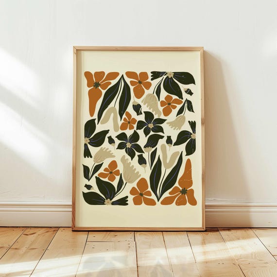 Retro Floral Wall Art – 60s 70s Botanical Print, Earth Tone Boho Decor