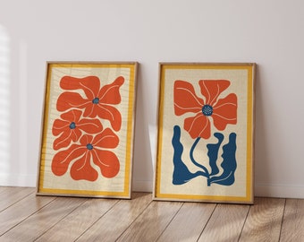 Groovy Flower Print Set, 70s Wall Art, Aesthetic Matisse Print Set, Funky Wall Art, Colorful Wall Art, 70s Decor, Retro Wall Art