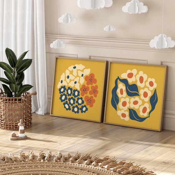 Colorful Retro Floral Wall Art, Matisse Inspired Botanical Prints in Vibrant Summer Colors — 70s Groovy Wall Art in Mid Century Modern Style