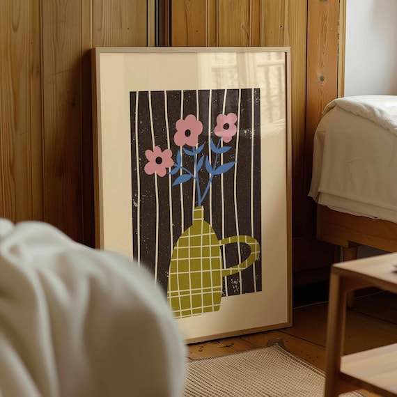 Retro Flower Vase Print: Mid-Century Modern Botanical Wall Art, 70s Groovy Home Decor