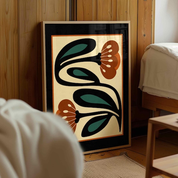 Mid Century Modern Floral Print — Rust & Teal Botanical Art, Abstract Retro Flower Poster