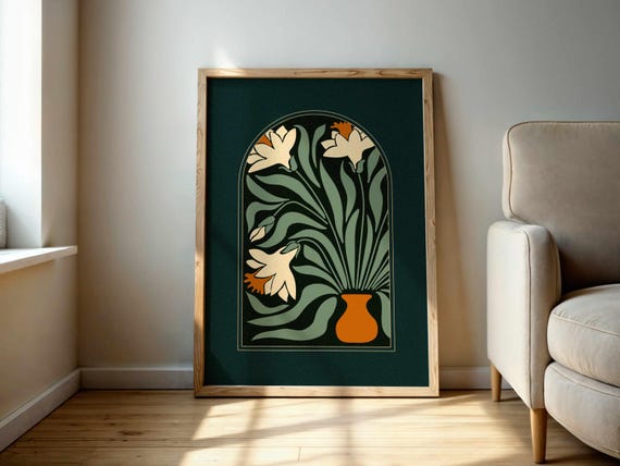 Floral Print of Abstract Daffodils in Retro Mid-Century Modern Style — Groovy Vintage Botanical Wall Art with Bold Colors and Cozy Charm.