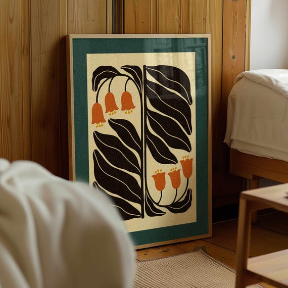 Mid Century Modern Floral Print: Burnt Orange & Teal Botanical Wall Art, Eclectic Decor