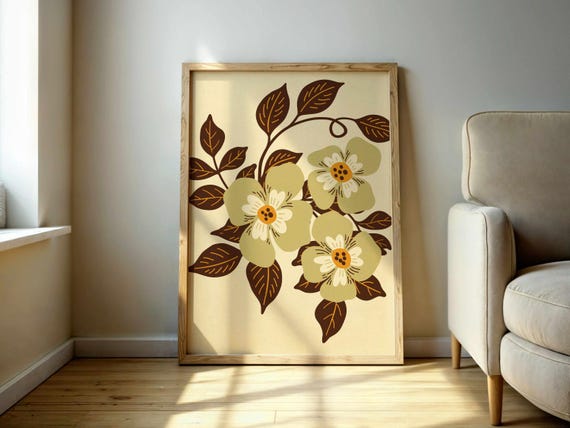 Earthy Retro Floral Print, Vintage Botanical Wall Art in Olive and Ochre, Matisse Style Flower Poster for Warm Neutral Boho Decor
