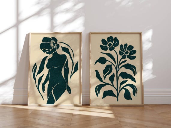 Mid Century Abstract Art, Set of 2 Cream & Teal Prints, Matisse Inspired Woman and Flower Poster, Modern Living Room Wall Decor