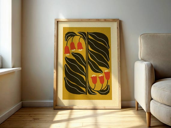 Mid Century Modern Flower Print – Matisse Inspired Wall Art in Red and Mustard, Retro Boho Botanical Poster for Eclectic Interiors