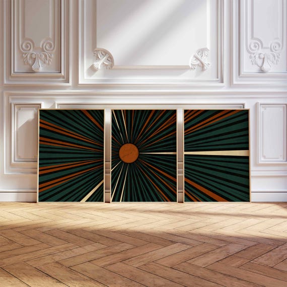 Abstract Geometric Print Set: Mid Century Modern Triptych, Teal & Burnt Orange Wall Art