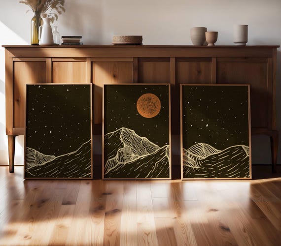 Mountain Wall Art, Set Of 3 Prints, Japandi Wall Art, Gallery Wall Set, Landscape Prints, Black Minimalist Art, Triptych Wall Art, Mcm Decor