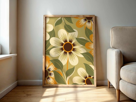 Earthy Retro Floral Print, Vintage Botanical Wall Art in Olive and Ochre, Mid Century Style Flower Poster for Warm Neutral Boho Decor