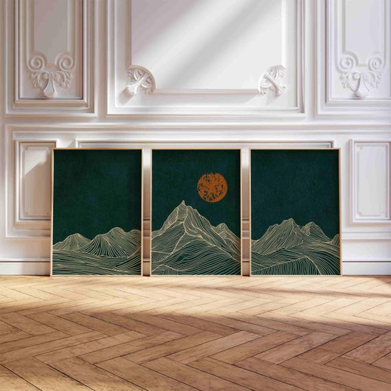 Mountain Line Art Print Set: Emerald Green Landscape Triptych, Minimalist Japandi Decor