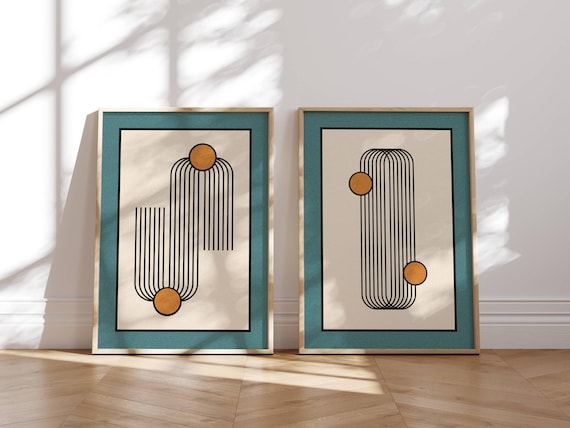 Abstract Mid Century Wall Art, Set Of 2 Geometric Posters, Minimalist Japandi Print Set, Bauhaus Wall Art for Modern Home Decor