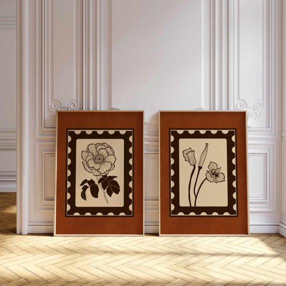Vintage Botanical Wall Art, Wildflower Prints in Rust and Beige, Retro Floral Posters for Rustic, Cottagecore and Mid Century Home Decor