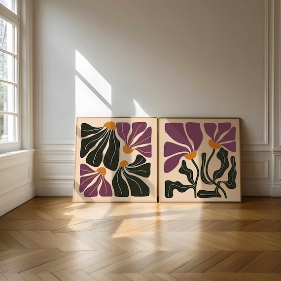 Retro Floral Print Set: Abstract Botanical Wall Art, Mid Century Modern Boho Decor