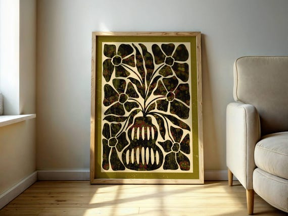 Abstract Botanical Print – Matisse Inspired Floral Wall Art, Vintage Mid Century Modern Poster with Organic Shapes, Boho Olive Green Decor